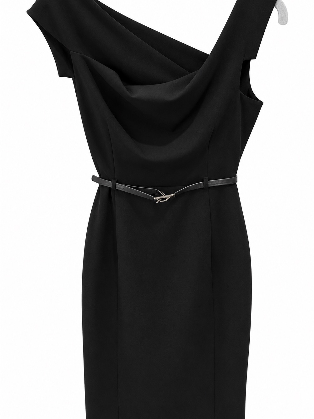 Black Halo Black One-Shoulder Draped Sheath Dress with Slim Belt